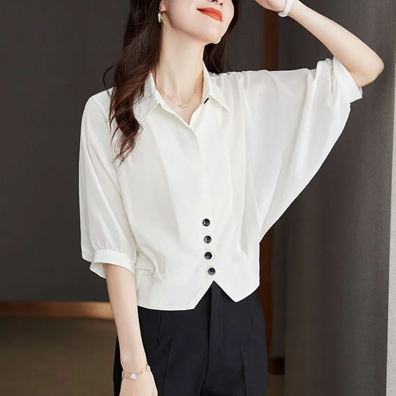 

High End Bat Shirt Top Women's Shirt Loose Slim Covering Flesh Upscale Button Design Casual Polo Collar Solid Color Shirt