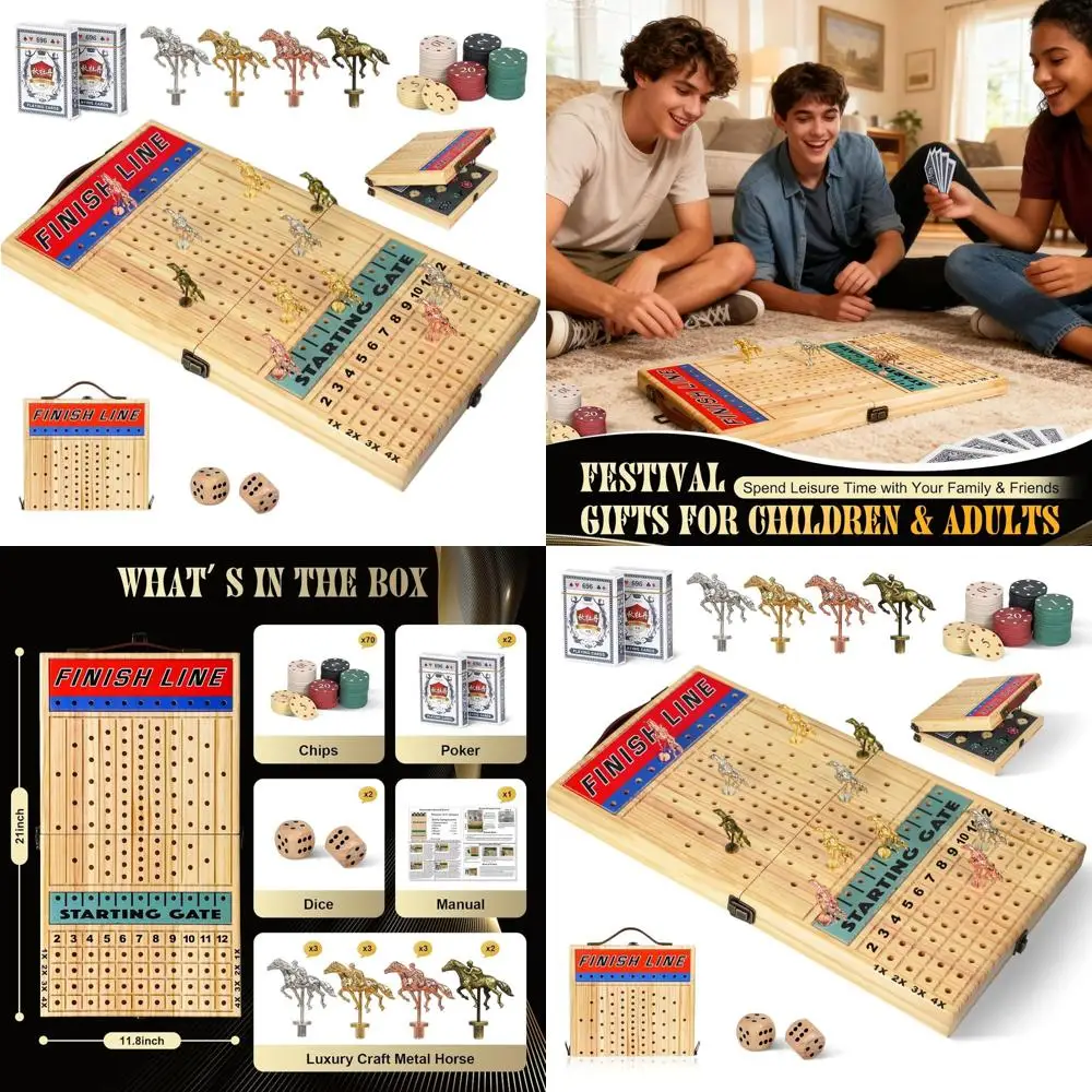 

Элегантная настольная игра для гонок на 21 лошадь с 11 металлическими лошадьми, деревянной доской, фишками, карточками и играми для взрослых и семей