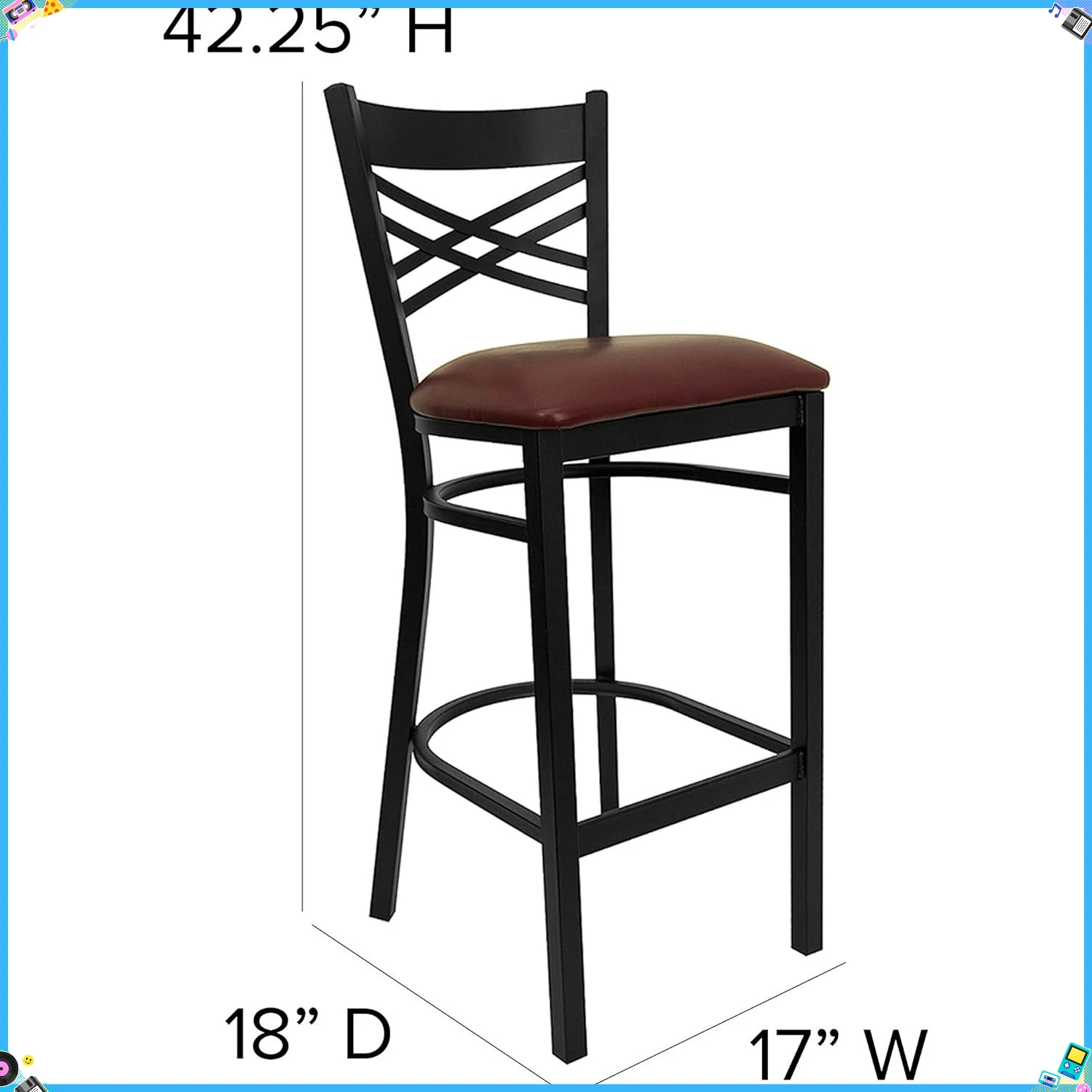 Taburete de bar industrial con respaldo en X negro, taburete de mostrador de 42,25 pulgadas de altura, asiento de vinilo burdeos de 18 pulgadas de profundidad y 17 pulgadas de ancho, para decoración de comedor de pub de cocina