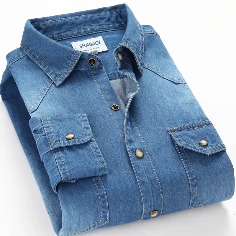 Schinteon Spring Autumn Men Denim Thin Shirt Long Sleeve Soft 100% Cotton Two Pockets Slim Slight Elastic Jeans Cowboy 4XL
