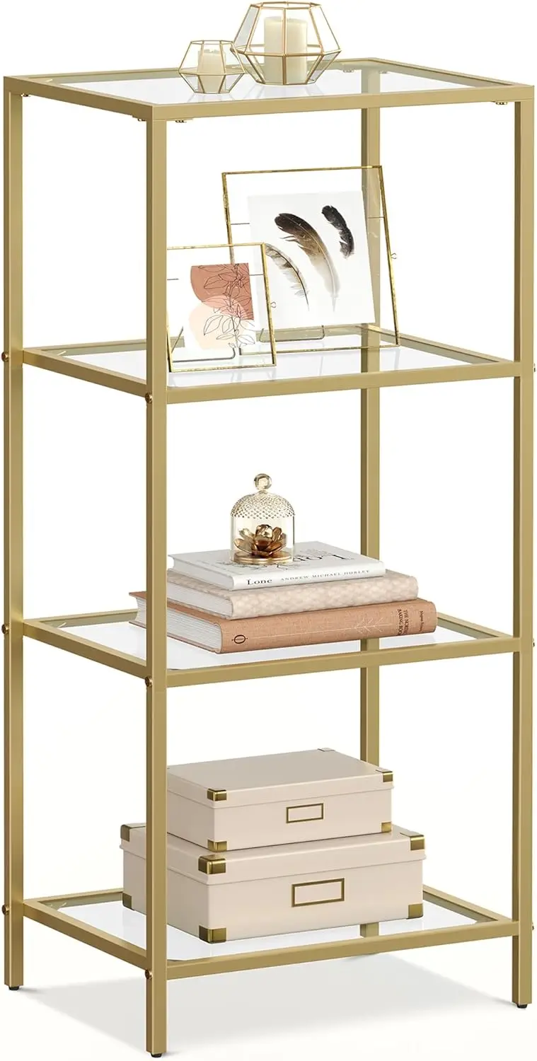 

4-Tier Slim Bookshelf with Tempered Glass and Steel Frame, Metallic Gold for Bedroom, Bathroom, Home Office