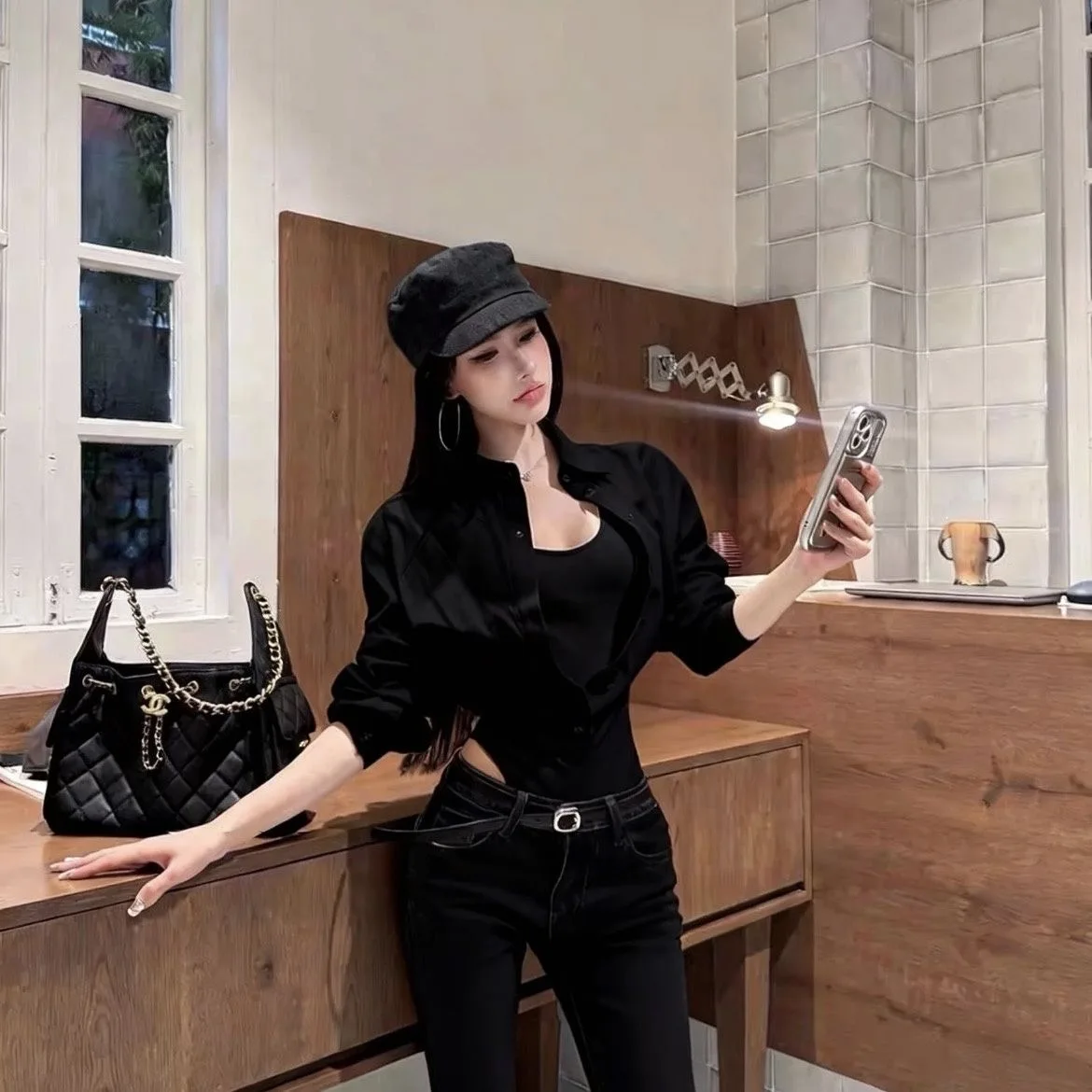 Black Long Sleeve Slim Fit Shirt Women's Pure Desire Style Commute Windbreaker Short Length Collar Button down Casual Shirt