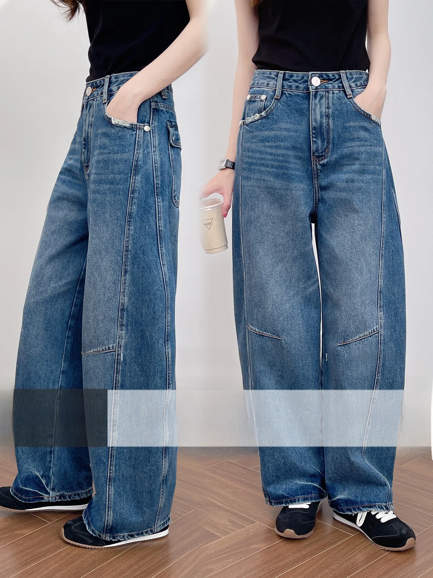 

High Waist Wide Leg Knife Washed Denim Jeans Women's Cut out Back Flip Cover Jeans Cotton Tear Hole Spring Fashion