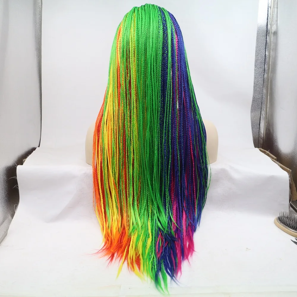 Peluca de pelo sintético con encaje frontal para mujer, Color arcoíris, amarillo, naranja, rojo, azul, verde, Azul, Morado, trenzas largas, resistente al calor