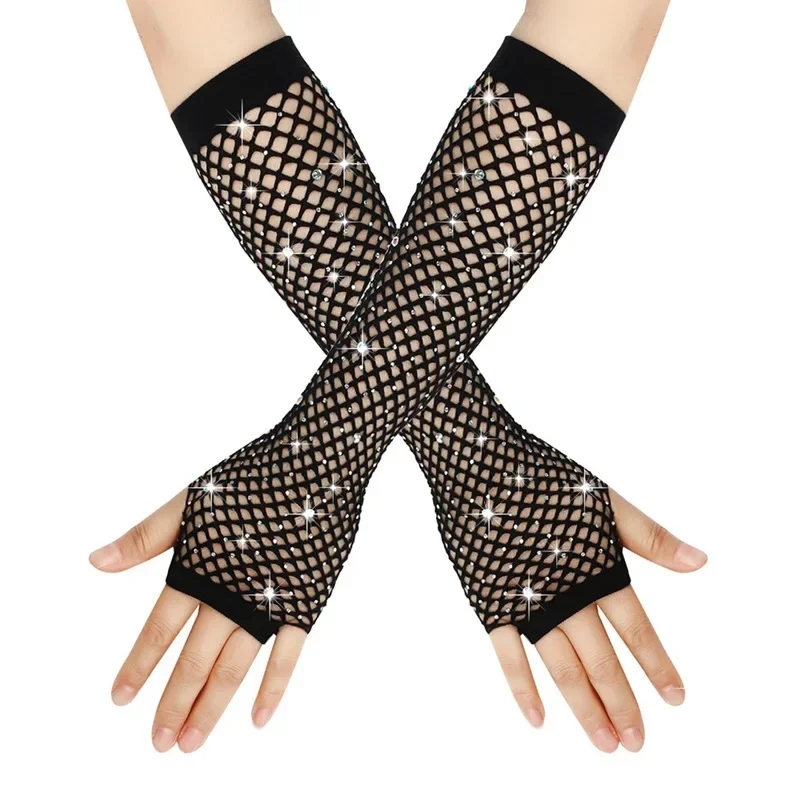 1 Pair Black Girl Women Long Fishnet Net Gloves Shiny Rhinestone Fingerless Mesh Punk Rock Night Club Sexy Mittens Wholesale