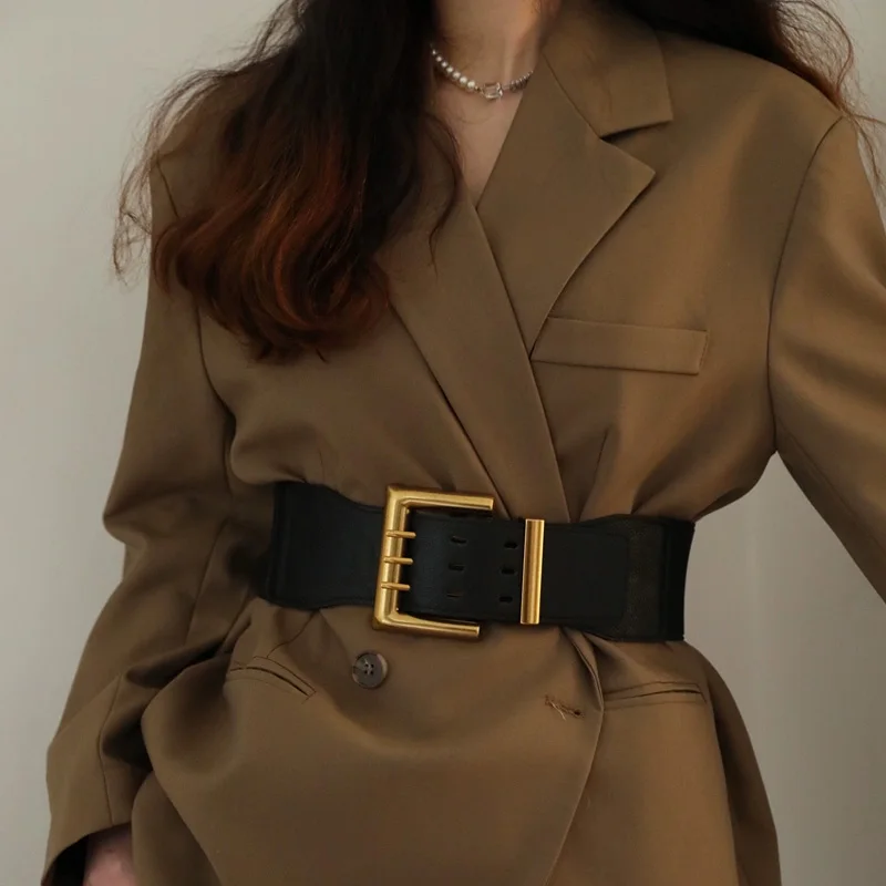 

Высокое качество ретро эластичный широкий ремень с золотой пряжкой женский модный костюм пальто поясные ремни для женщин роскошный дизайнерский бренд