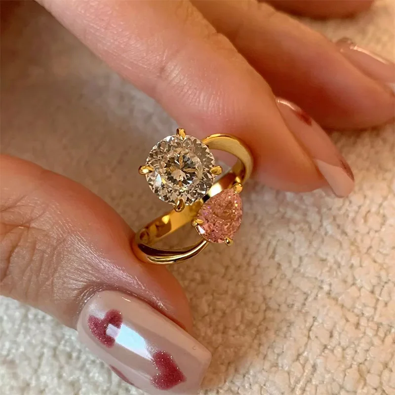 Foxanry Sparkling Water Drop Zircon Rings For Women Girls Trendy Elegant Romantic Sweet Temperament Wedding Bride Jewelry Gifts