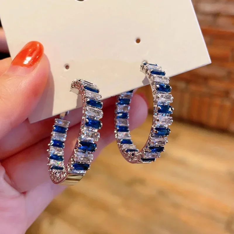 Huitan Gorgeous Blue/White CZ Hoop Earrings Full Bling Iced Out Engagement Wedding Party Luxury Trendy Jewelry for Women New