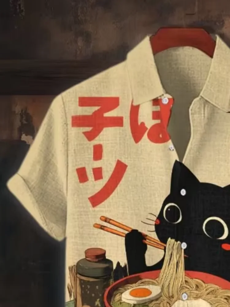 Men's Japanese Art Black Cat Eats Ramen Print Short Sleeve Shirt Tops Fashion Summer Men Button Down Lapel Collar Tunics Male