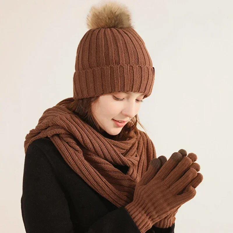 Conjuntos cachecol e luva chapéu pompom de pele monocromática, Gorros de malha, Snood longo bonito, Conjuntos de inverno quente, 3pcs