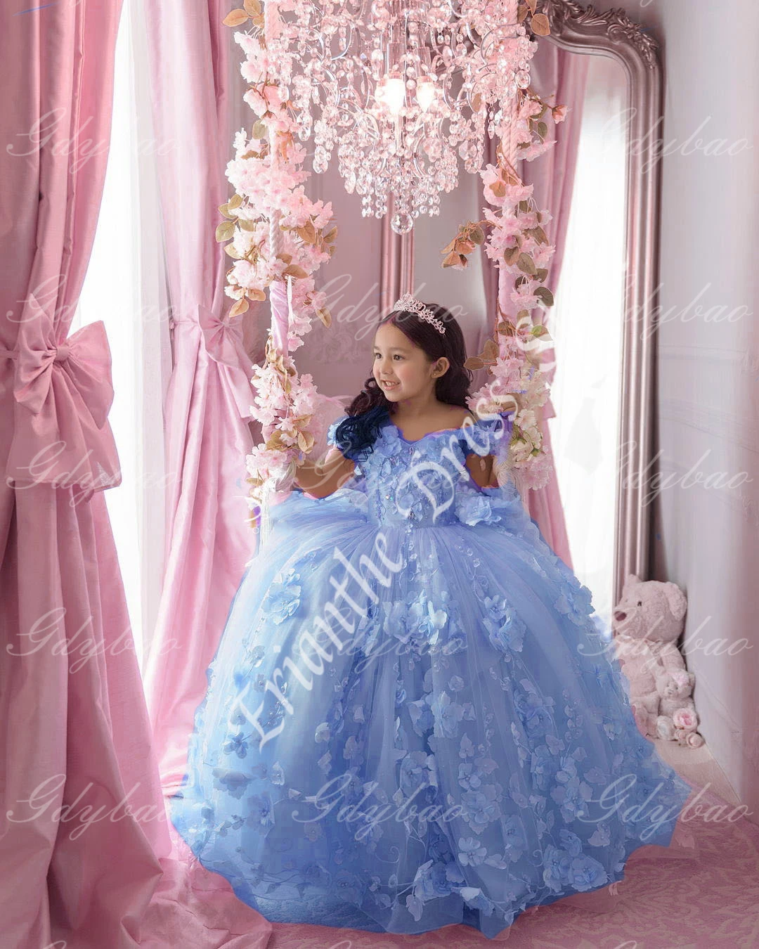 

3D Applique Flower Girl Dress For Wedding Tulle Puffy Beading Princess Kids Birthday Party First Communion Ball Gowns Custom