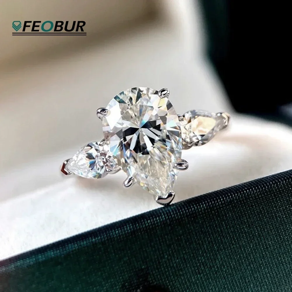 1/2/3/4ct Pear Cut All Moissanite Engagement Rings for Women S925 Sterling Silver 3-Stone Promise Wedding Band Luxury Jewelry