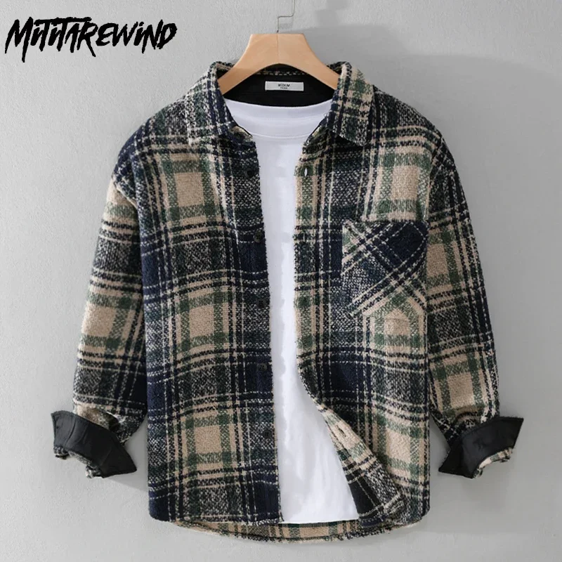 New Fall Winter Mens Shirts Daily Casual Long Sleeve Plaid Shirt Man Lapel Pocket Brushed Shirt Loose Overshirt Fashion Clothing