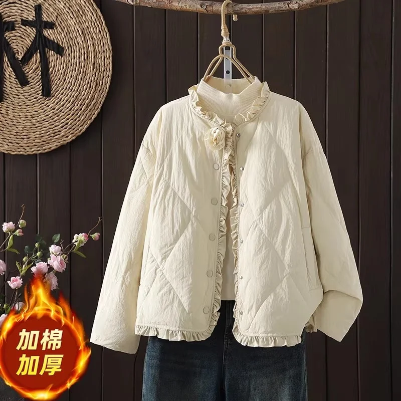 Jaqueta acolchoada feminina de inverno, casaco curto leve e quente, retrô solto com zíper, agasalhos bordados florais 3D, W1857