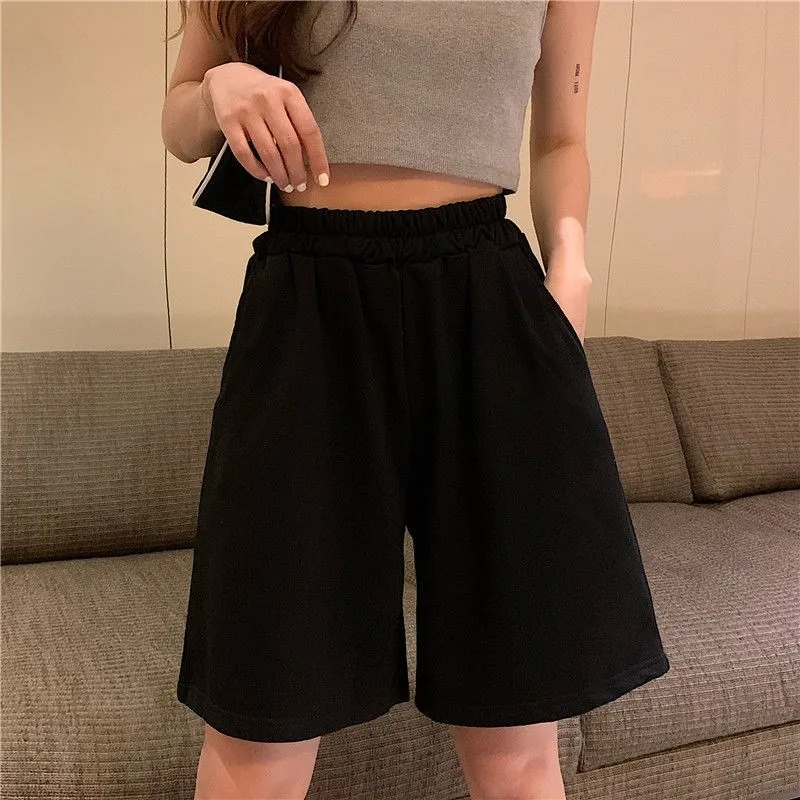 Shorts casuais femininos estilo coreano, calças soltas para estudantes, Harajuku, simples cor sólida, elasticidade, novo, verão, 2022