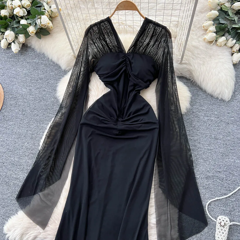 Abito da festa lungo elegante autunnale per donna Manica svasata Punto a rete Abiti da sera aderenti Nuovo in Traf formale femminile Novità