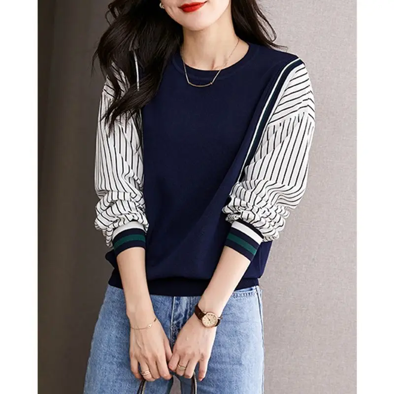 Fake Two Pieces Long Sleeve Patchwork Blouse Spring Autumn Long Sleeve Loose Vintage Shirt Tops Fashion Elegant Women Clothing