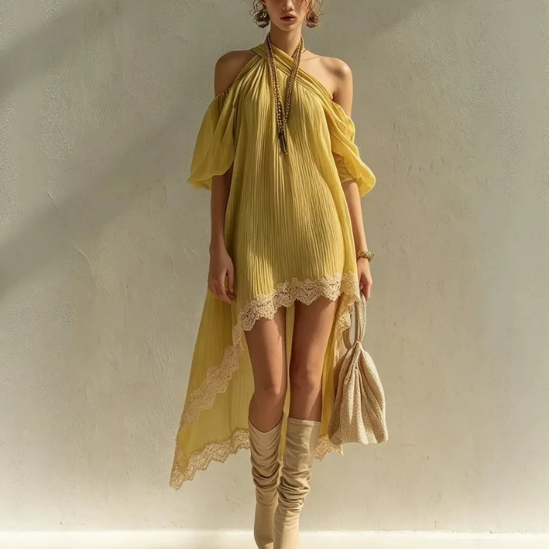 Women's Yellow Halter Ruched Asymmetrical Lace Patchwork Flowy Maxi Dress Casual Beach EU US Boho Vacation Gown