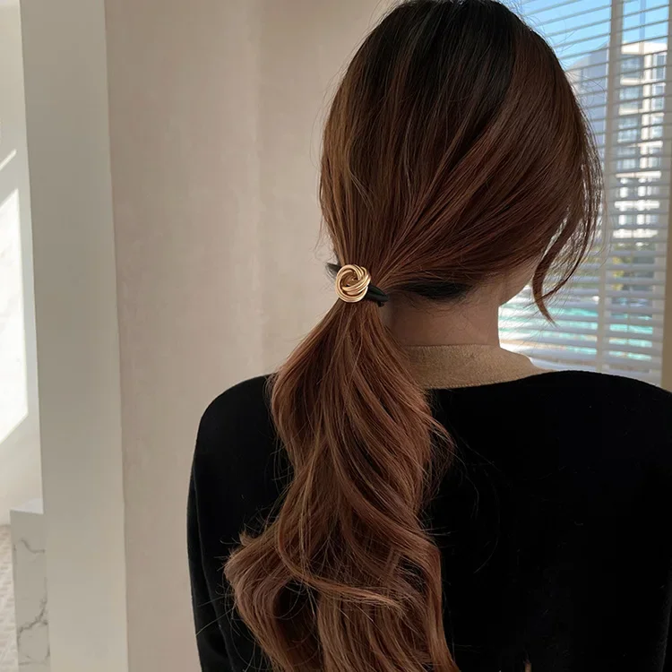 Lazos para el cabello con dijes trenzados de Color dorado Simple, puño geométrico de Metal elástico, soportes para cola de caballo, cuerdas para el