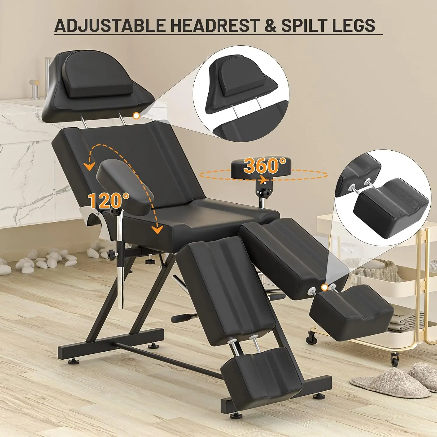 Adjustable Tattoo Chair Split Legs Armrests 360° Swivel Stool 0-65° Backrest Spa Waxing Facial Bed, Customized