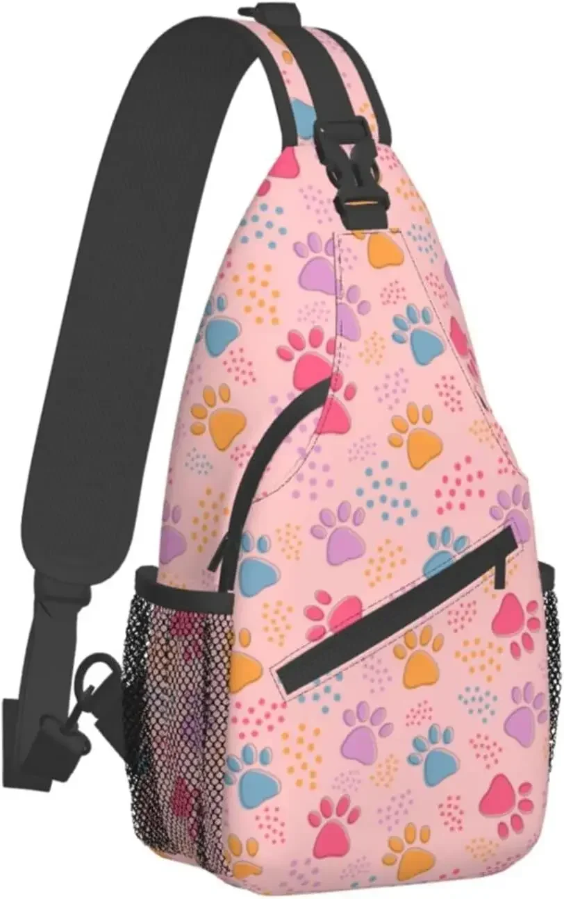 Pink Dog Paw Prints Sling Bag For Men Women Shoulder Backpack Chest Bags Crossbody Daypack For Hiking Camping Outdoor Trip