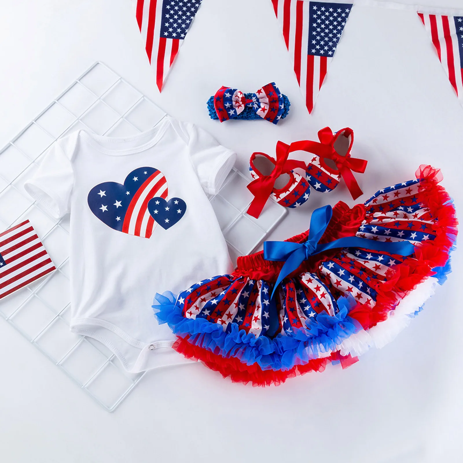 4pcs 4th July Baby Girl Outfits Patriotic Romper Tutu Skirt Headband Shoes Sets Independence Day Star Heart Holiday Photo Party