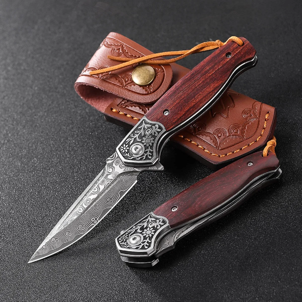 7.4 inch High Quality EDC Folding Knife with Scabbard Damascus Steel Portable Pocket Knife for Self Defense Survival Jackknife