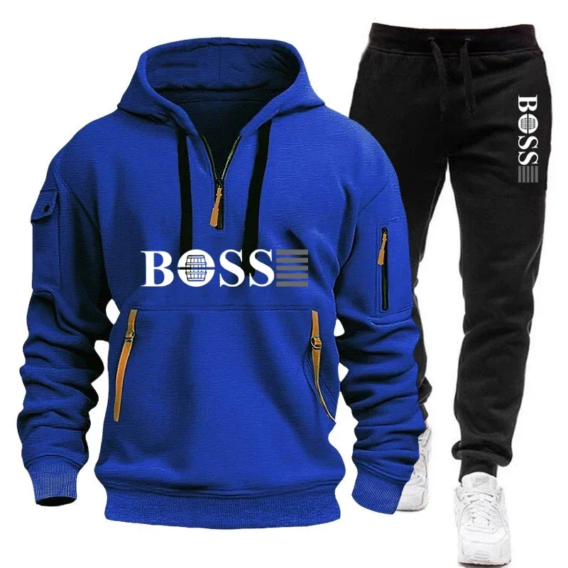 

2025 Men's new multi-zipper long-sleeved hooded pullovers and casual pants 2 sets of autumn and winter fitness jogging sets