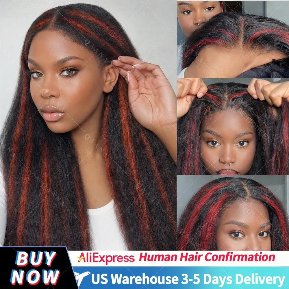 

Upgraded Black Mix Red HighLight Kinky Straight Lace 13x4 Lace Frontal Wigs 200％ Density 5x5 HD Transparent Lace Closure Wigs