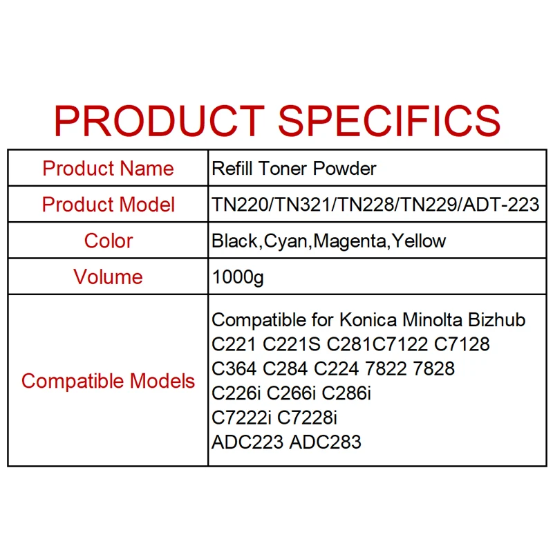 TN220 TN321 TN228 TN229 Toner Powder For Konica Minolta Bizhub 7822 7828 C226i C266i C286i C7222i C7228i ADC223 ADC283 Printer