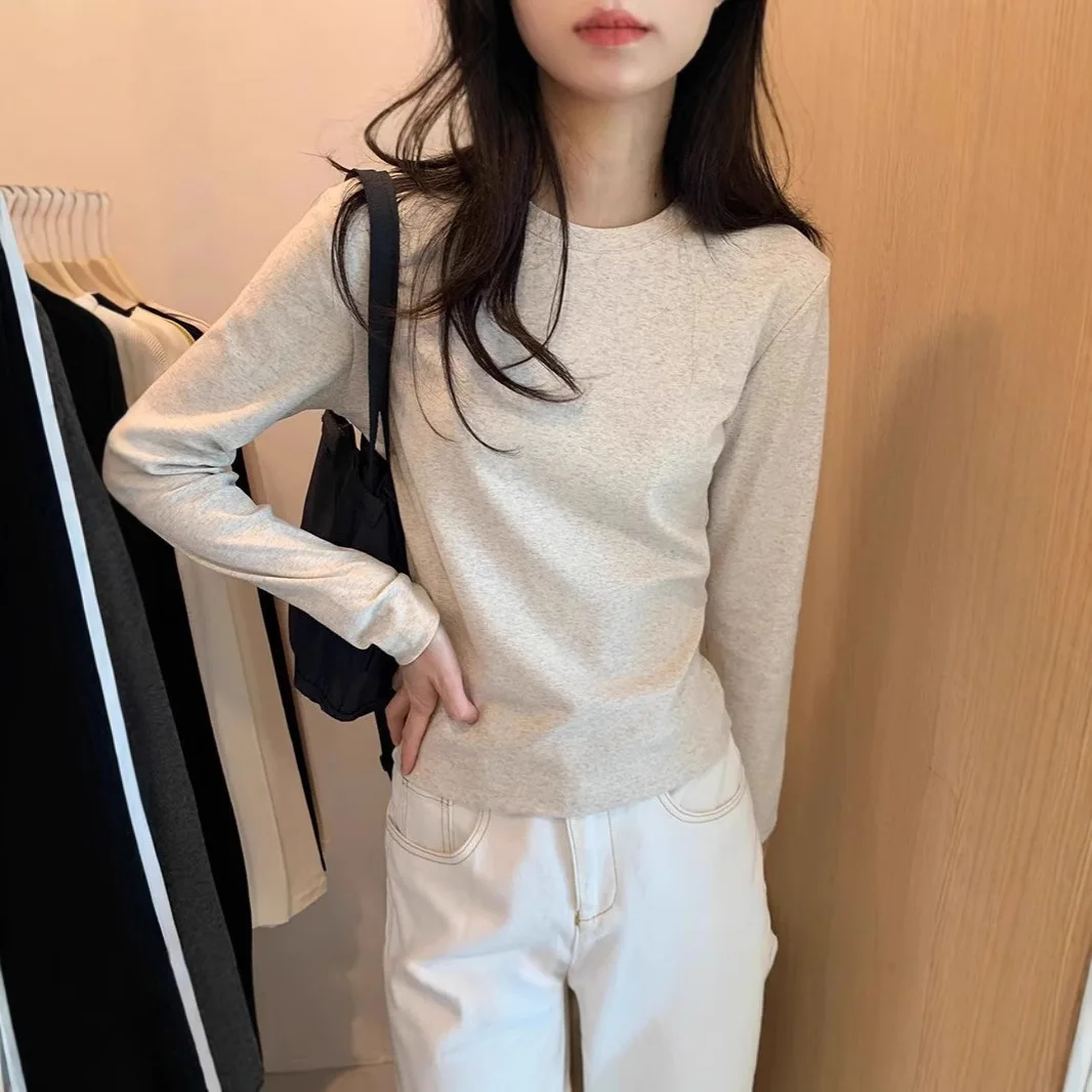 

Женская однотонная базовая рубашка из чистого хлопка с круглым вырезом на весну, осень и зиму, новые стили, многослойная, с внутренним слоем, тонкая