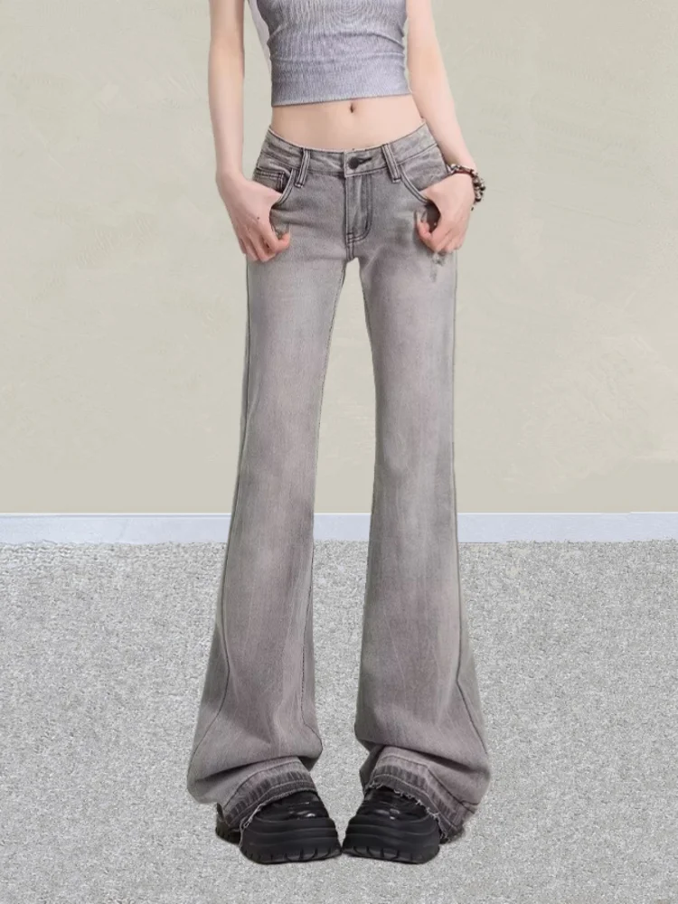 2025 Ropa Y2K ファッションレター刺繍スリムフレアジーンズパンツ女性服ヴィンテージグレーカジュアル女性のズボンパンタロンファム
