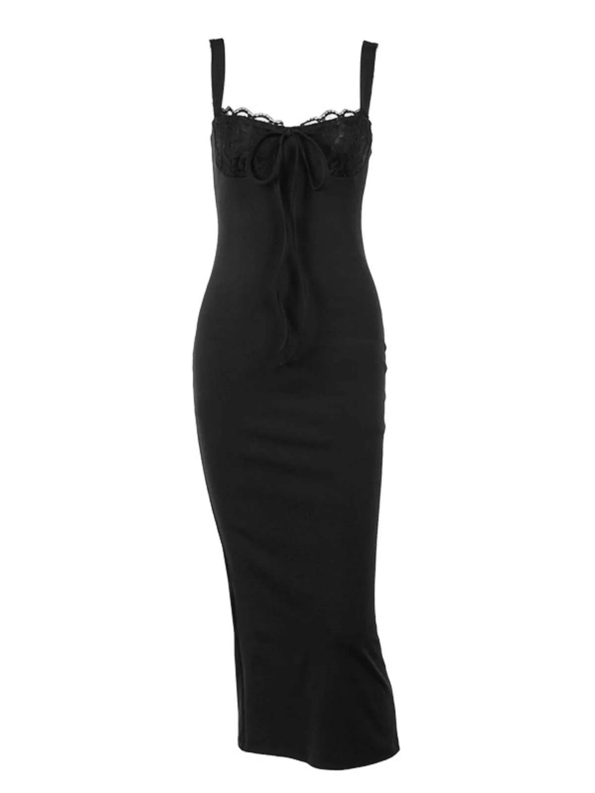 Falda midi de cintura alta con tirantes de retazos de encaje Dr de punto largo ajustado de una sola pieza Color Svel Winter Faion