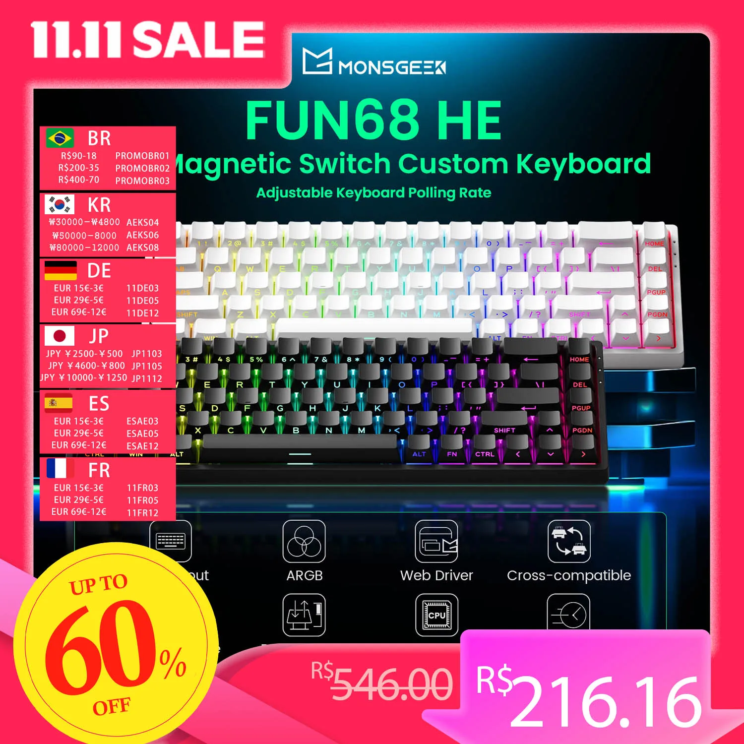 

Магнитная клавиатура Akko MonsGeek FUN68 HE, 65% быстрый триггер, 0,005 мм, 8K ARGB, механическая игровая индивидуальная клавиатура для ПК, геймера, Esport