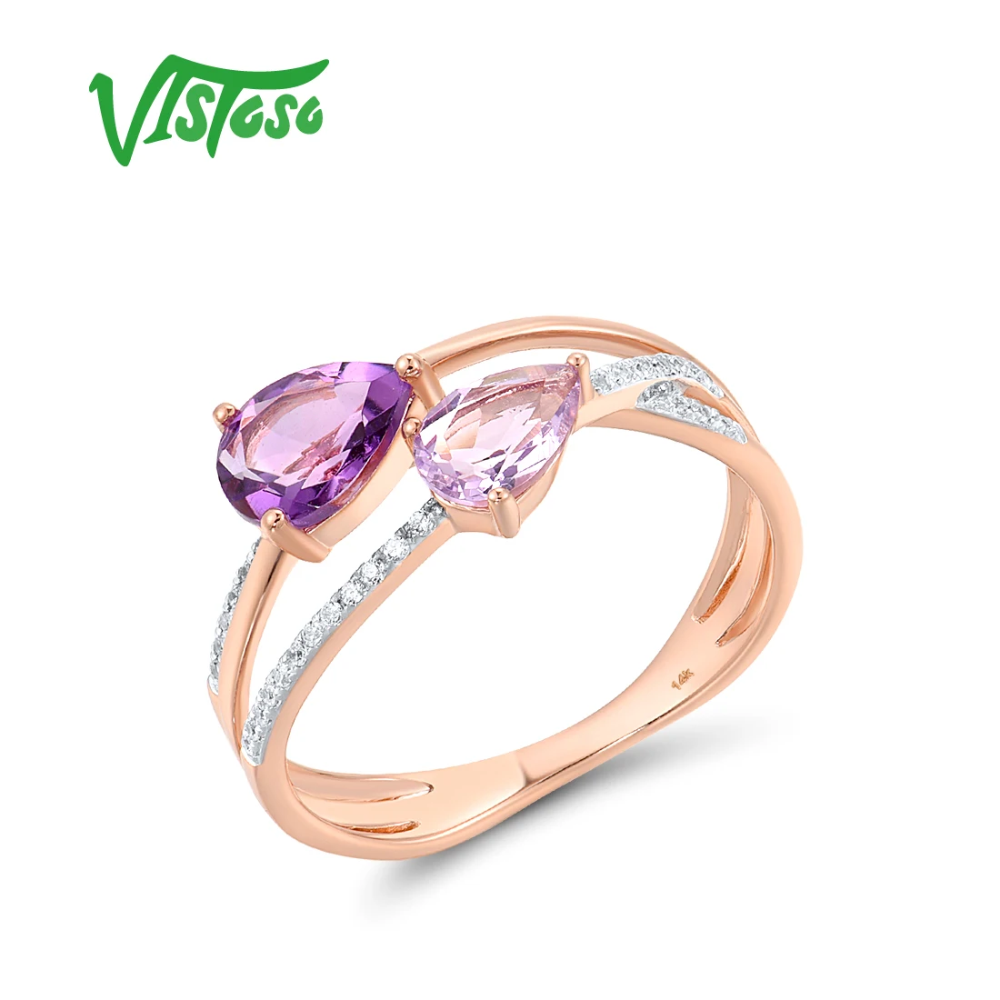 

VISTOSO Real 14K 585 Rose Gold Ring For Women Sparkling Diamond Amethyst Charming Delicate Love Wedding Engagement Fine Jewelry