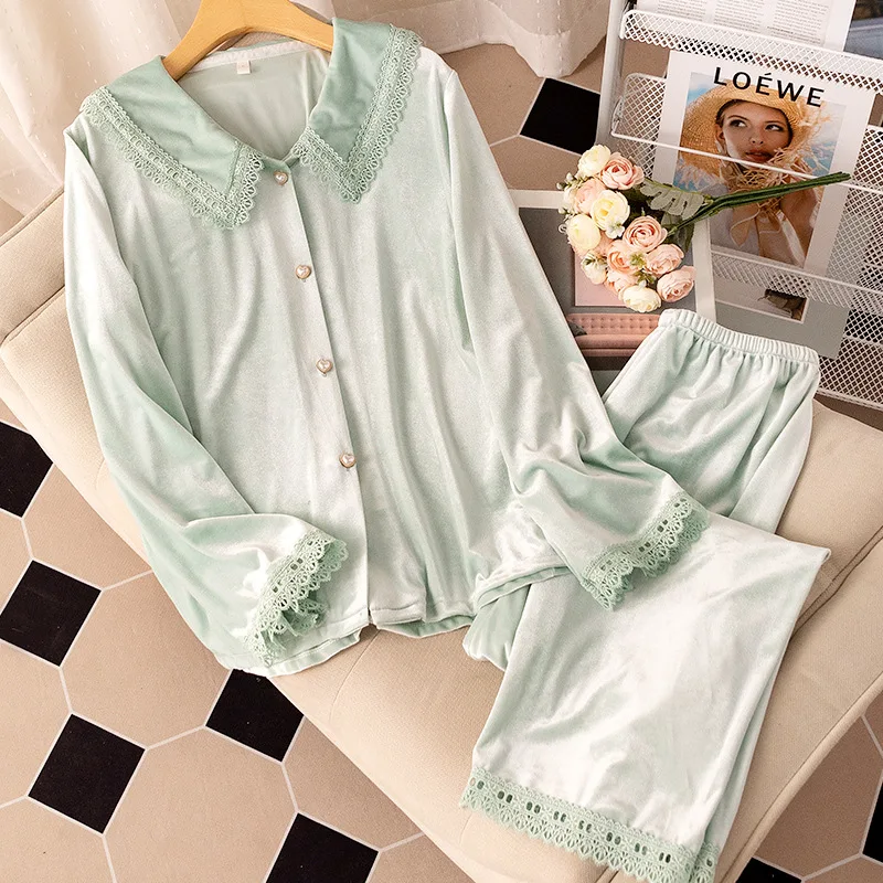 Autumn Winter Velour Sleepwear Green Velvet Pajamas Set for Women Loose Sweet Lace Trim Home Clothes Loungewear Trouser Suits