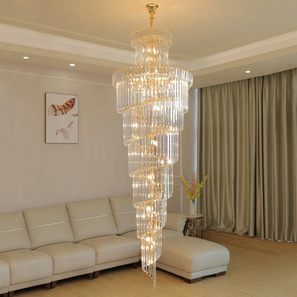 

2025 New European-style Luxury Crystal Chandeliers Villa Living Room Spiral Staircase Long Chandelier