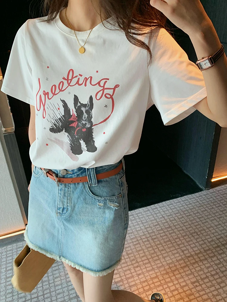 

Женская футболка Bigyu Simple White Loose с принтом, весна-лето, приталенная, с круглым вырезом, короткий рукав, в корейском стиле