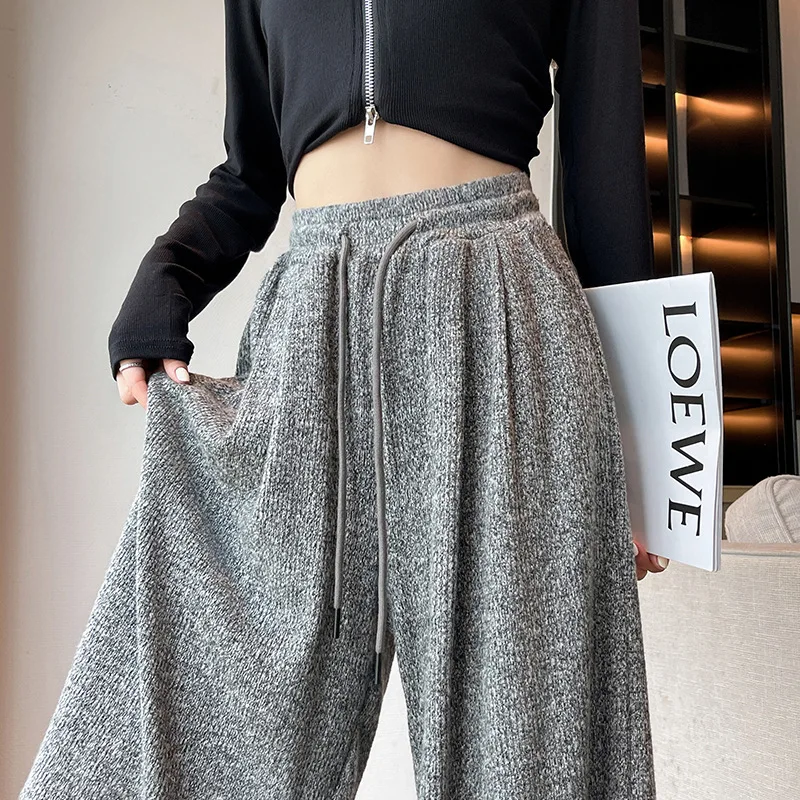 

Korean Style Grey Women's Pants Autumn Winter 2023 New Women's Casual Pants High Waist Knitted Wide Leg Pants Y2k Sweatpants