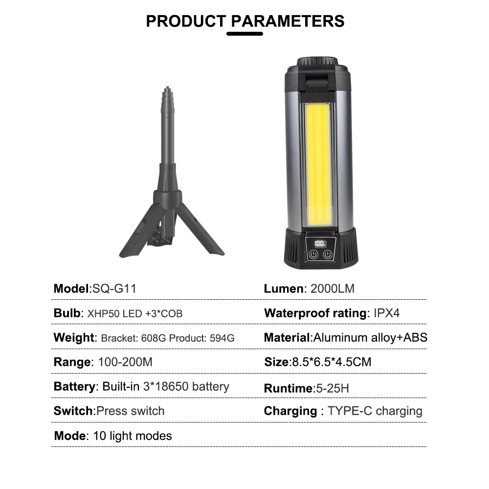 Asafee P50 COB LED 2000LM 200M Range Work Light IPX4 Waterproof Lamp Rechargeable Support Output Magnetic Suction Hook