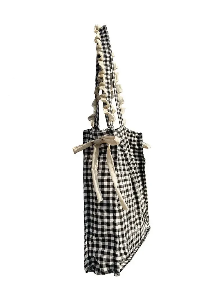 Sac à main décontracté en coton froncé pour femme, plaid, fermeture éclair, doux, grande capacité, initié, shopping, Mori Girl, printemps, nouveau, 2022