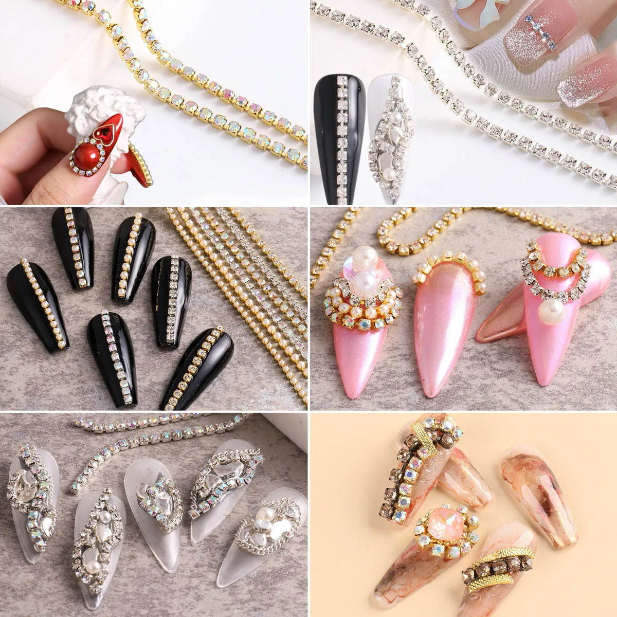 1Box Light Luxury Sparkling Rhinestones Inlaid Alloy Chain Nail Art Decorations Creative Gold Silver Bead Chain Nail Charms DIY