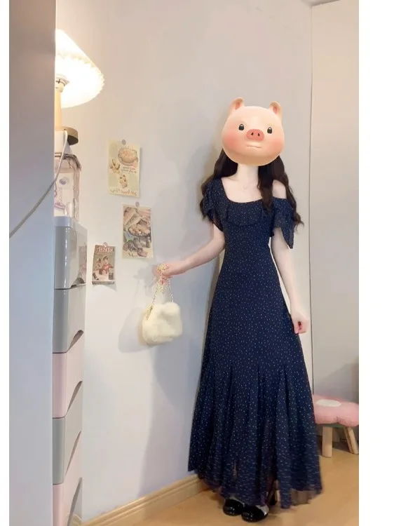 

plus Size Women's Summer Polka Dot off oulder ort Sve Dr High Waist A-Line Long Dr Korean Sle Slim Fit Commute