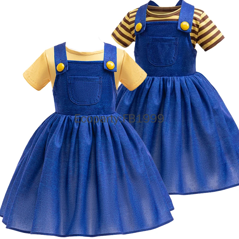 2pcs Set Kids Halloween Costume Yellow Striped Top Strap Dress Set Baby Girls Boy Carnival Party Stage Performance Costumes