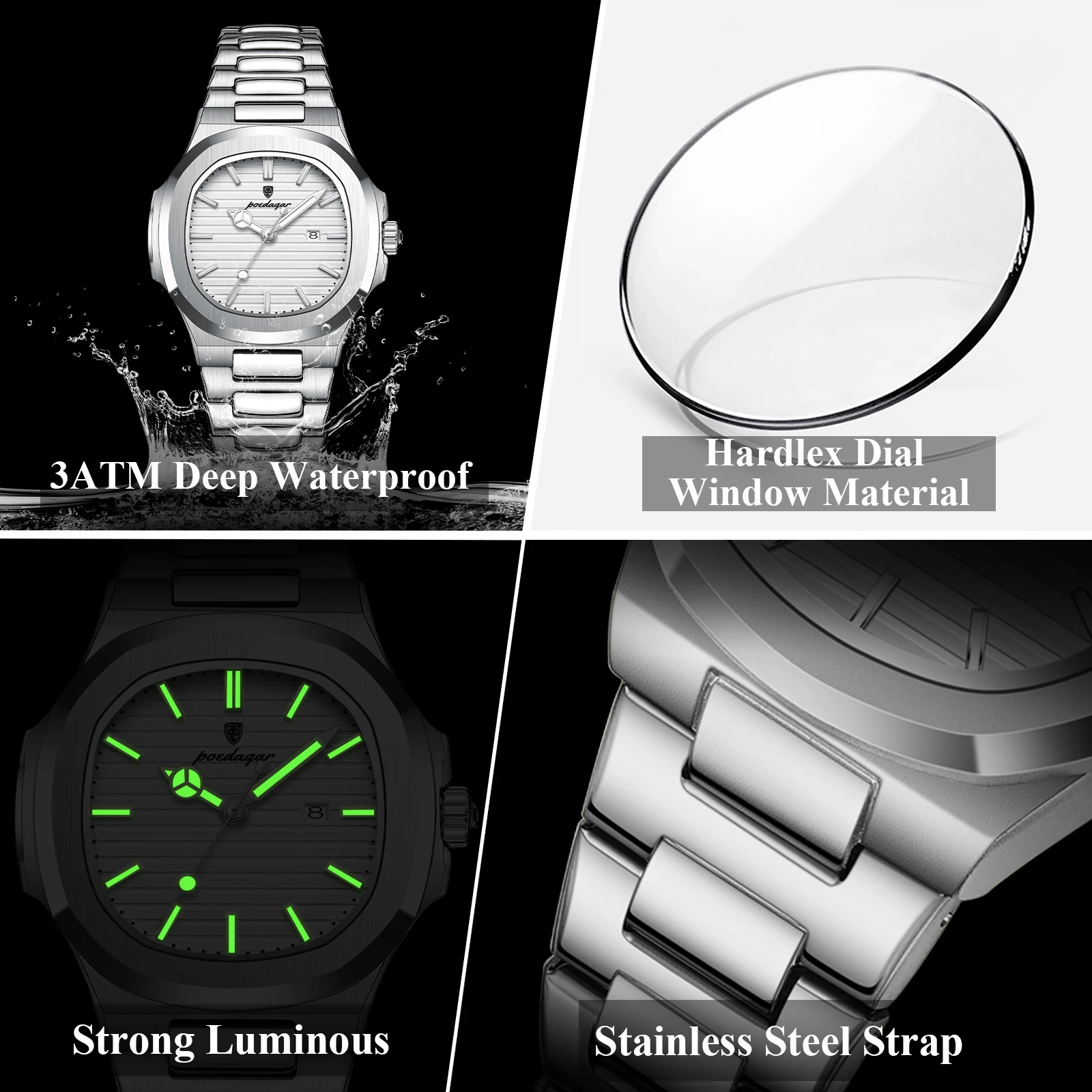 POEDAGAR ساعة يد نسائية رائعة مقاومة للماء وتاريخ مضيء ساعات عصرية للسيدات من الفولاذ المقاوم للصدأ ساعة كوارتز للنساء