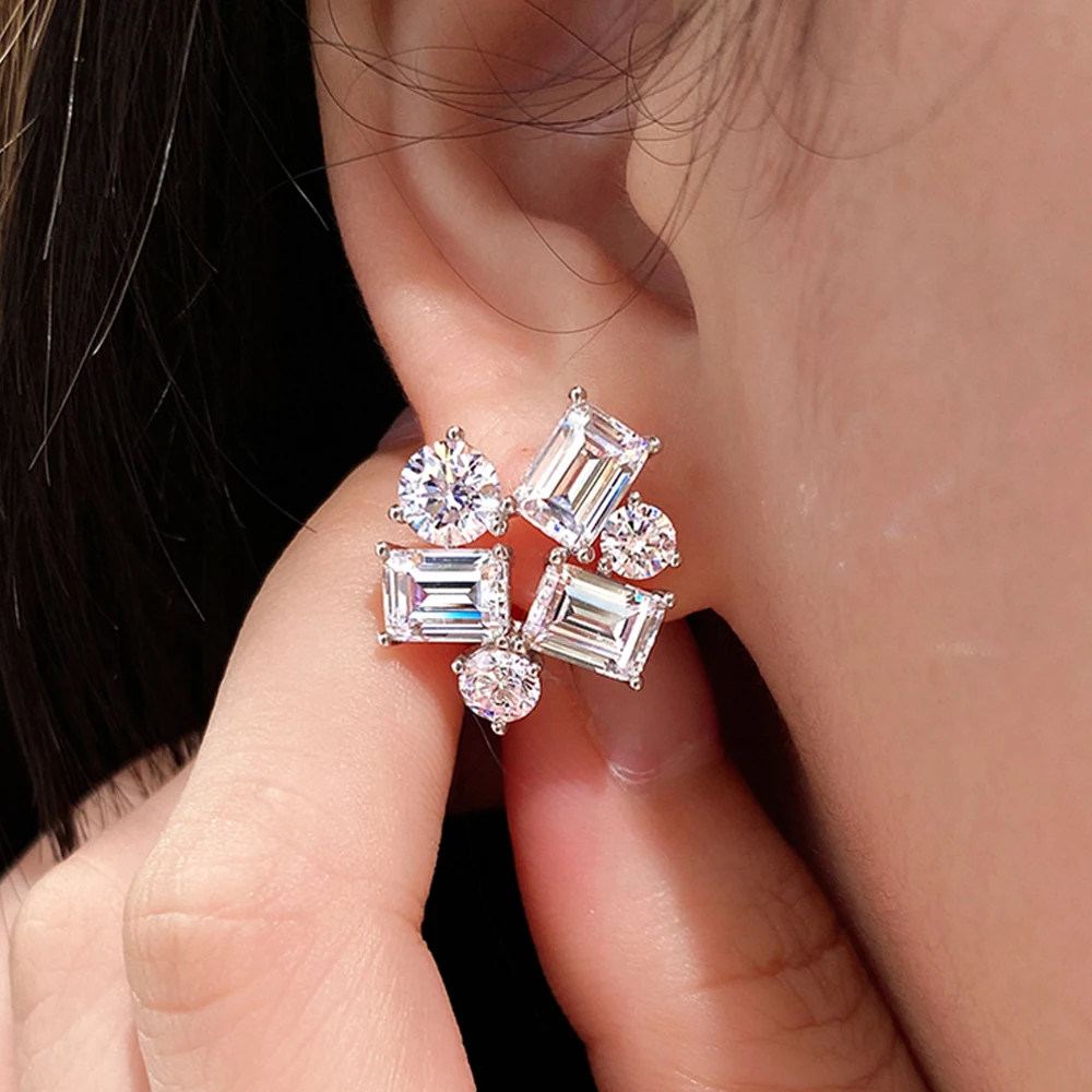 

Серьги-кольца изумрудной и круглой огранки с муассанитом для женщин, серебро S925, сверкающие серьги-гвоздики с несколькими камнями и бриллиантами, свадебные украшения