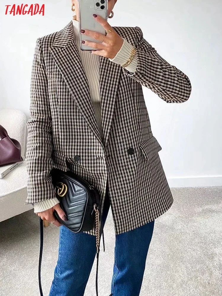 Tangada Women 2022 Plaid Blazer Coat Vintage Double Breasted Long Sleeve Female Outerwear Chic Tops QJ68