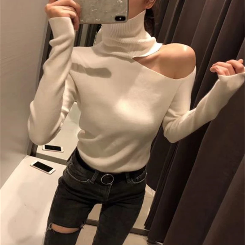 Knitted Sweater Off Shoulder Pullovers Sweater for Women Long Sleeve Turtleneck Female Jumper Black White Sexy Clothing New 2020