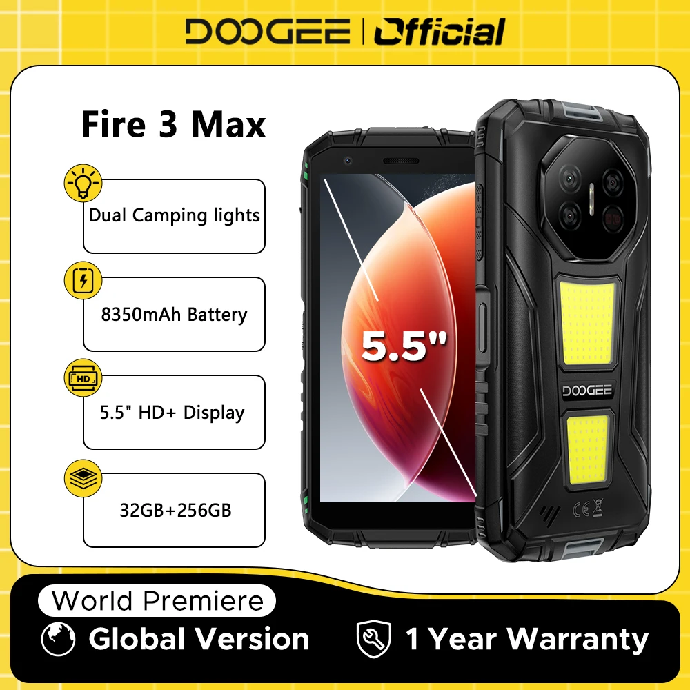 Global Version DOOGEE Fire 3 Max Rugged Phone 32GB+256GB 5.5" HD+ Display Camping lights 8350mAh UNISOC T7250 48MP NFC Android15