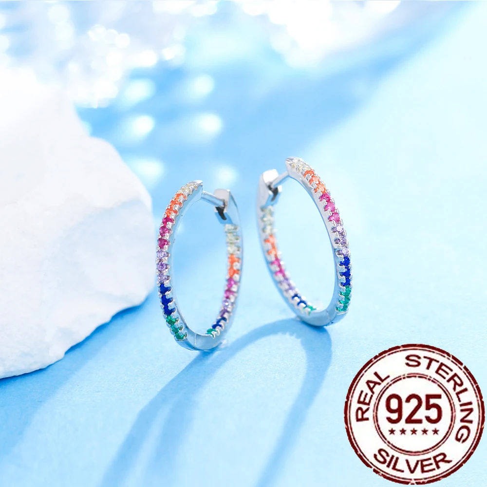 CWWZircons 925 Sterling Silver 5A Rainbow CZ Hoop Earrings for Women Luxury Fashion Party Wedding Accessories Jewelry Gift SE032